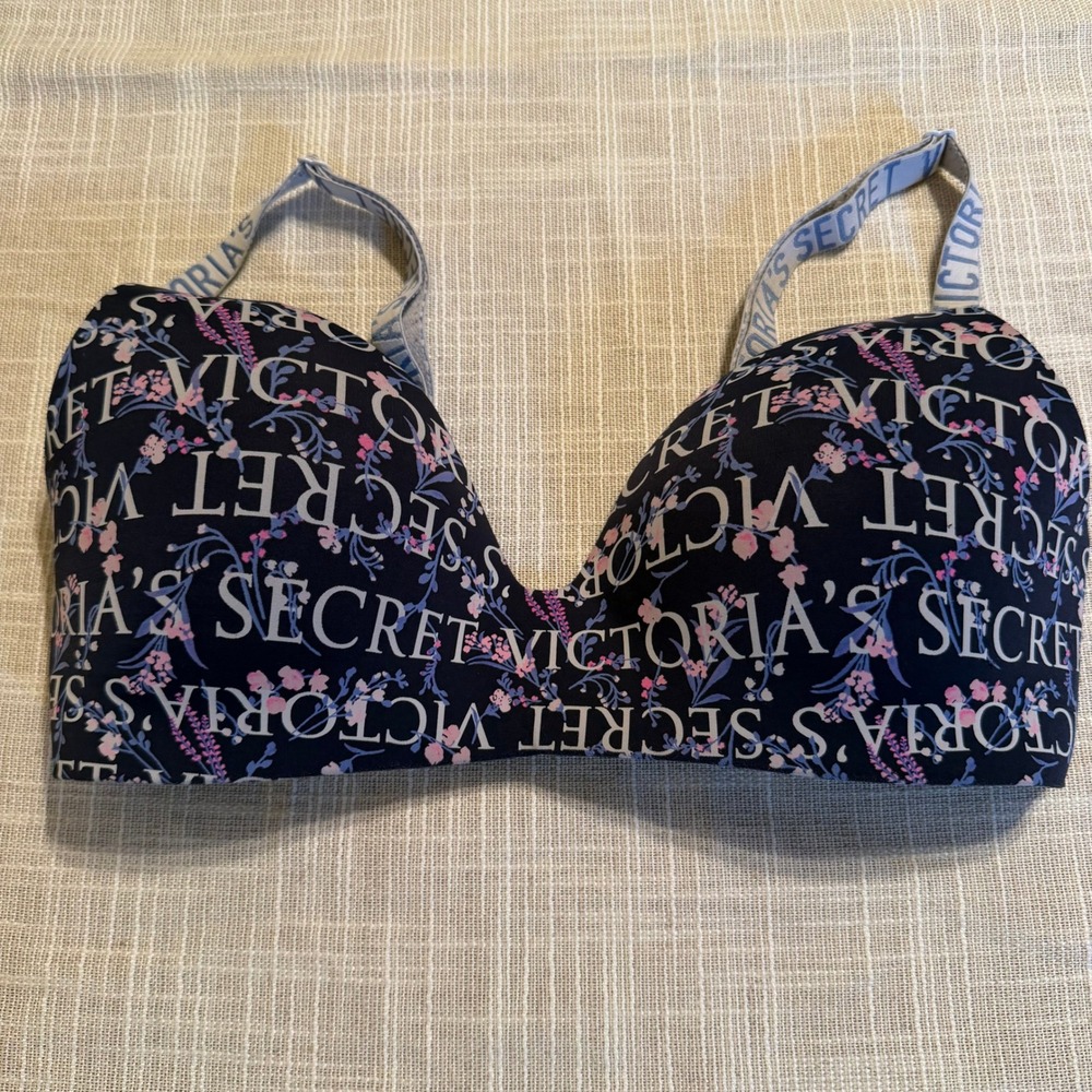 Victorias Secret T-Shirt Lightly Lined Wireless Bra 34D Navy Blue Floral Logo